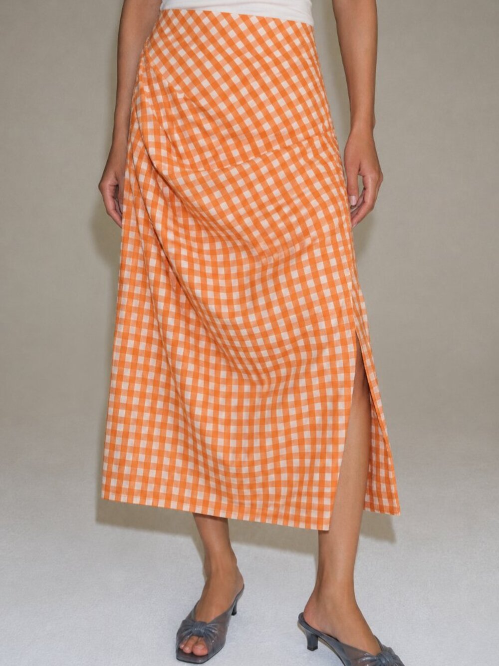 Orange Gingham Ruched Midi Skirt - M